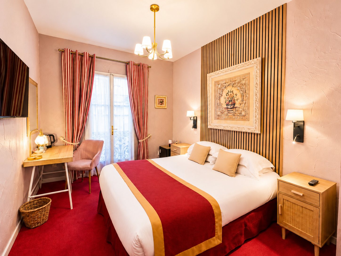 Chambre d'hôtel lumineuse avec un grand lit double, un chemin de lit rouge et doré, des rideaux rayés, un bureau en bois et une table de chevet cannée.