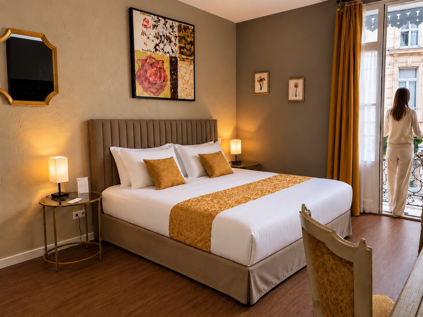 Chambre d'hôtel aux tons beige et doré avec un grand lit, deux lampes de chevet et une femme debout devant la porte-fenêtre ouverte sur un balcon.