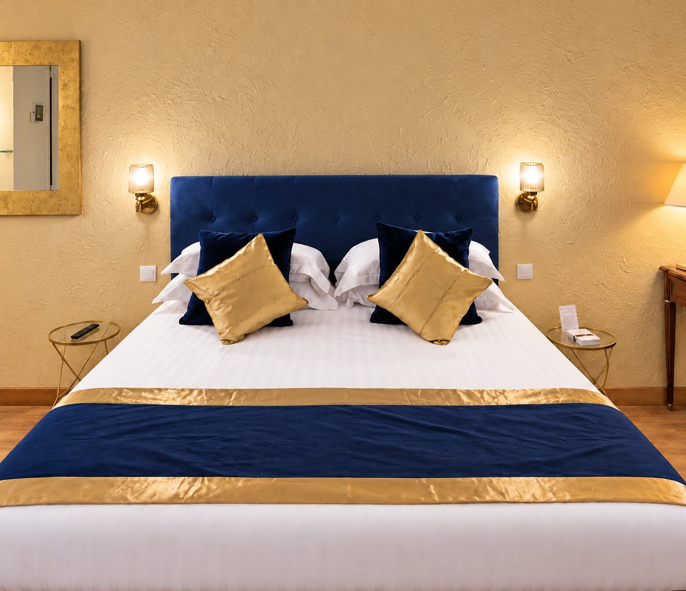 Lit double d'une chambre d'hôtel avec tête de lit en velours bleu marine, coussins dorés, chemin de lit assorti et appliques allumées sur un mur crépi beige.