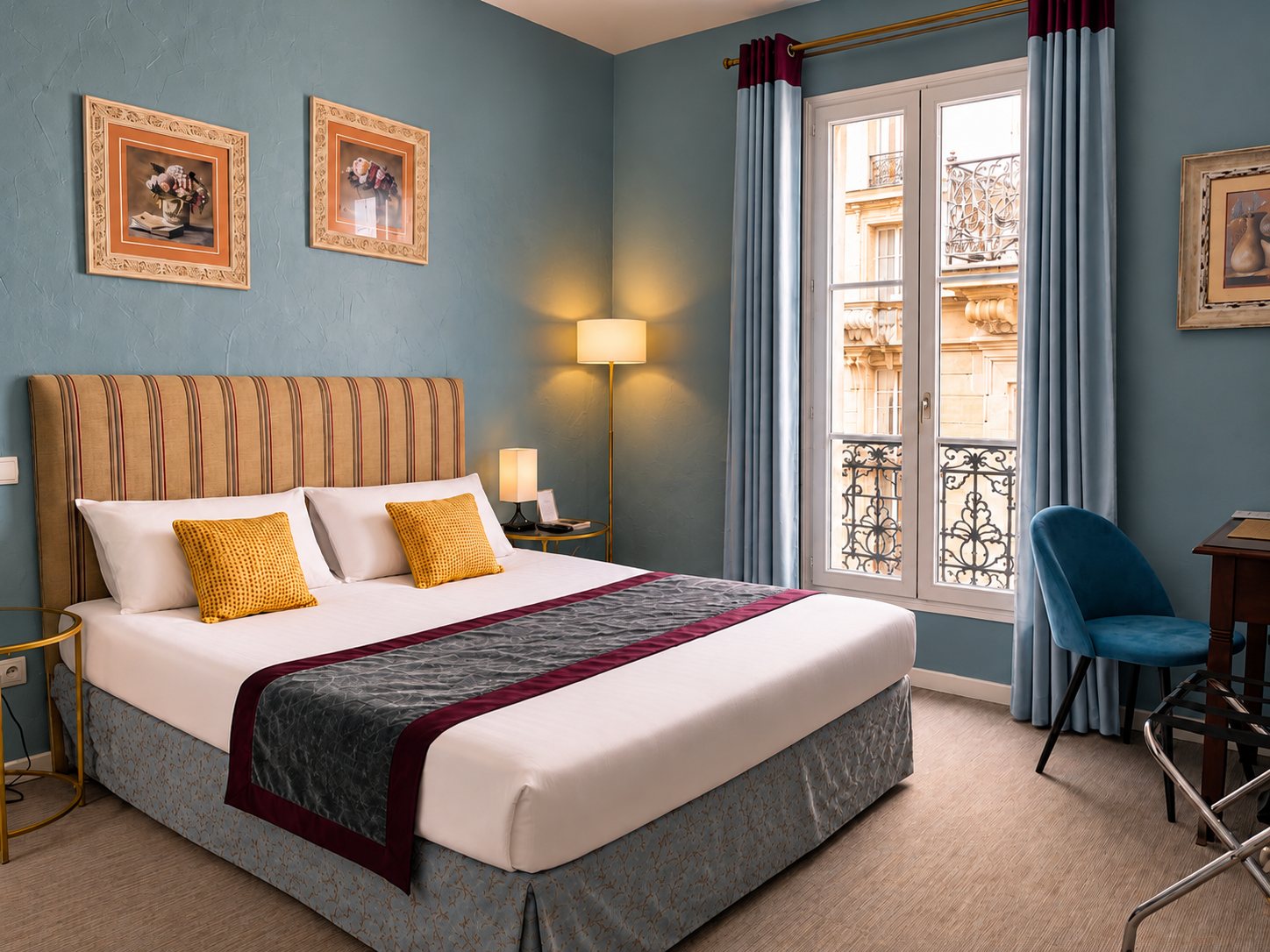 Chambre d'hôtel aux murs bleu-gris avec un lit double, des coussins jaunes, une lampe allumée et une grande porte-fenêtre donnant sur un balcon en fer forgé.