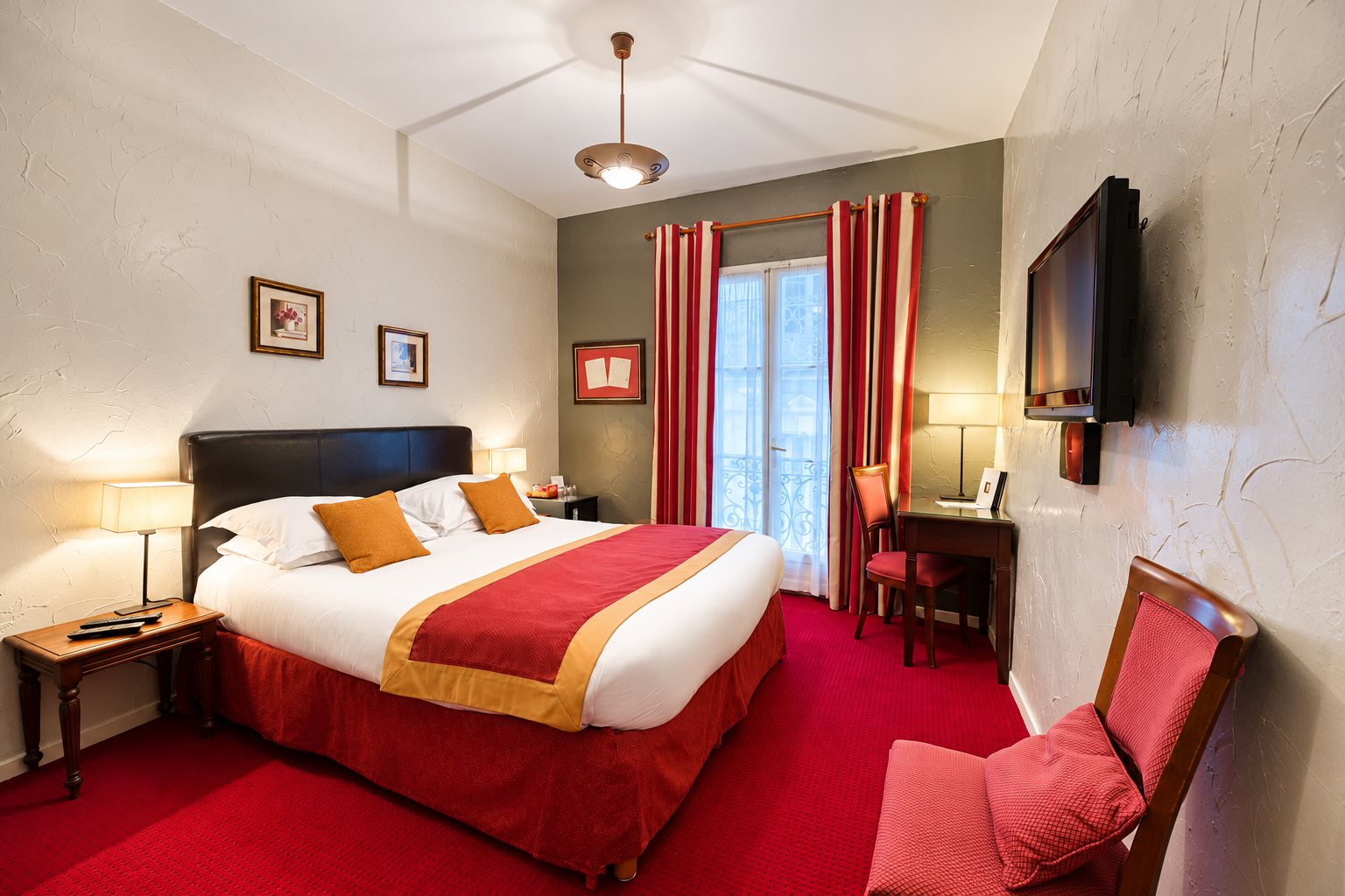 Chambre d'hôtel lumineuse avec un grand lit double, des rideaux rayés rouges, un bureau, une télévision murale et une moquette rouge.