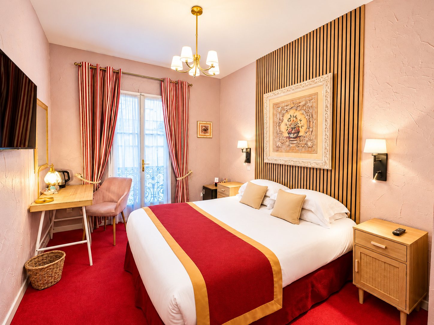 Chambre d'hôtel lumineuse aux murs rose pâle avec un lit double paré d'un chemin de lit rouge et doré, un bureau en bois, des rideaux rayés et une moquette rouge.