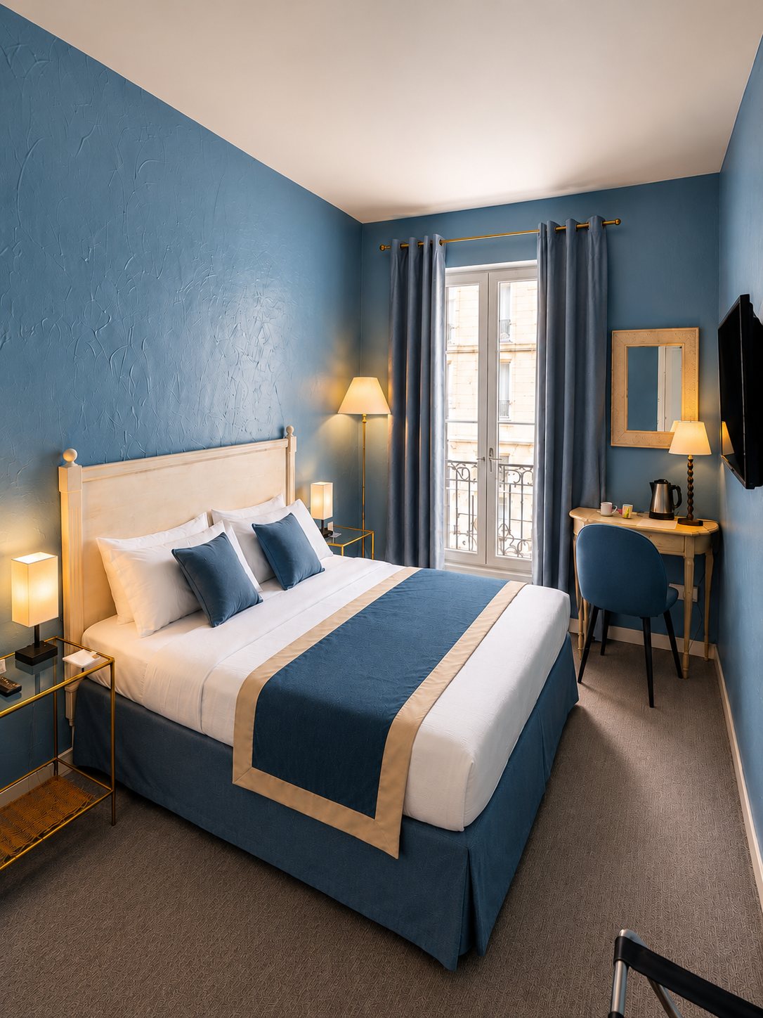 Chambre d'hôtel élégante aux murs bleus texturés, avec un lit double, des lampes allumées, une porte-fenêtre à balcon et un petit bureau avec bouilloire.