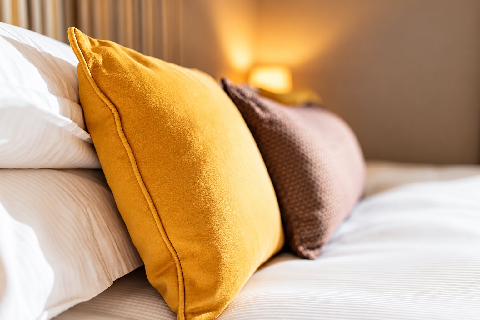 Gros plan sur un coussin jaune moutarde et un coussin marron posés sur un lit aux draps blancs, avec une lampe allumée floue en arrière-plan.