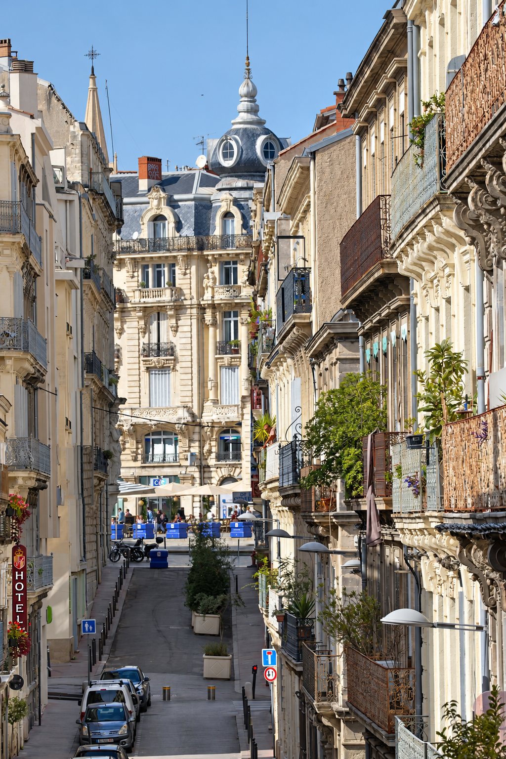 Vue d'une rue étroite entre de beaux immeubles anciens à balcons, avec une enseigne d'hôtel à gauche et une terrasse animée au fond.
